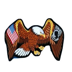 🆕LGE EMBROIDER EAGLE BIKER IRON/SEW ON PATCH AMERICAN FLAG/POW*MIA 13 1/2"X10"